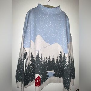 TAHARI 2X women’s holiday Christmas sweater cozy red cabin snowy woods whimsical